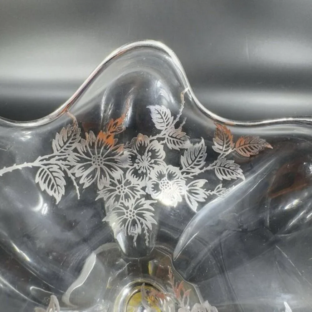 Vintage Viking Clear Footed Dish Bowl With Silver Overlay Flowers Pattern‎ VTG